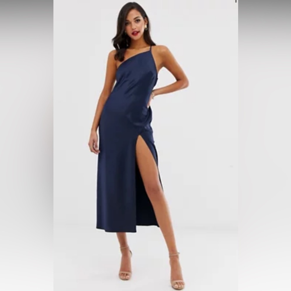 ASOS. Navy one shoulder midaxi dress in satin with drape back.